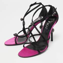  Christian Dior Black Satin Crystal Embellished Strappy Sandals Size 36.5