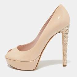 Dior Beige Patent Leather Cannage Heel Peep Toe Platform Pumps Size 40
