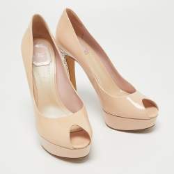 Dior Beige Patent Leather Cannage Heel Peep Toe Platform Pumps Size 40
