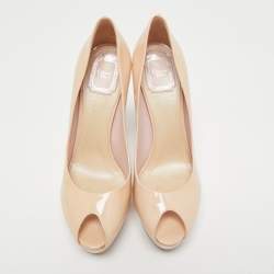 Dior Beige Patent Leather Cannage Heel Peep Toe Platform Pumps Size 40