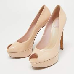 Dior Beige Patent Leather Cannage Heel Peep Toe Platform Pumps Size 40