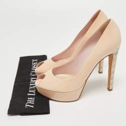 Dior Beige Patent Leather Cannage Heel Peep Toe Platform Pumps Size 40
