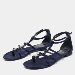 Dior Navy Blue Satin Crystal Embellished Star Flat Ankle Strap Sandals Size 38