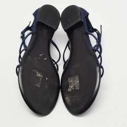 Dior Navy Blue Satin Crystal Embellished Star Flat Ankle Strap Sandals Size 38