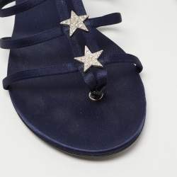 Dior Navy Blue Satin Crystal Embellished Star Flat Ankle Strap Sandals Size 38