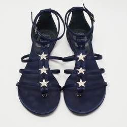 Dior Navy Blue Satin Crystal Embellished Star Flat Ankle Strap Sandals Size 38