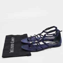 Dior Navy Blue Satin Crystal Embellished Star Flat Ankle Strap Sandals Size 38