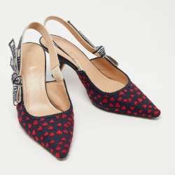 Dior Navy Blue/Red Canvas heart Jadior Slingback Pumps Size 37