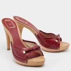 Dior Red Cannage Leather Wooden Platform Bow Clog Slide Sandals Size 39