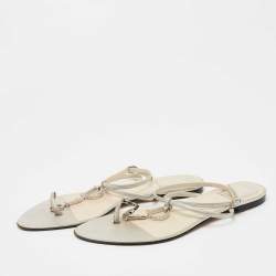 Dior Silver Leather Crystal Embellished Logo Thong Ankle Strap Flat Sandals Size 40.5