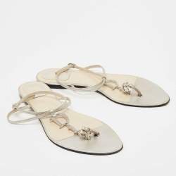 Dior Silver Leather Crystal Embellished Logo Thong Ankle Strap Flat Sandals Size 40.5