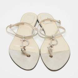 Dior Silver Leather Crystal Embellished Logo Thong Ankle Strap Flat Sandals Size 40.5