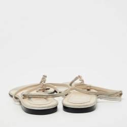 Dior Silver Leather Crystal Embellished Logo Thong Ankle Strap Flat Sandals Size 40.5