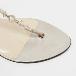 Dior Silver Leather Crystal Embellished Logo Thong Ankle Strap Flat Sandals Size 40.5
