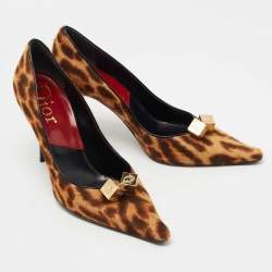 Pre Owned  Dior Brown Leopard Print Calfhair Dice Embellished Pumps Size 40.5