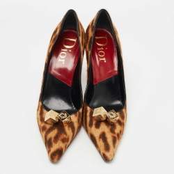 Pre Owned  Dior Brown Leopard Print Calfhair Dice Embellished Pumps Size 40.5