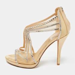 Pre Owned Dior Beige Satin Crystals Embellished Cut Out Sandals Size 38