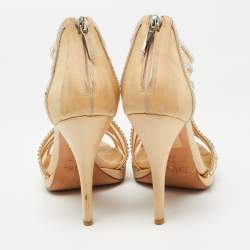 Pre Owned Dior Beige Satin Crystals Embellished Cut Out Sandals Size 38
