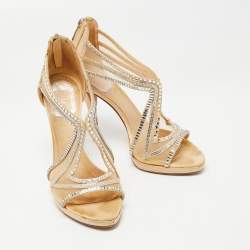 Pre Owned Dior Beige Satin Crystals Embellished Cut Out Sandals Size 38