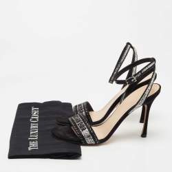 Dior Black/Silver Crystal Embellished Embroidered Canvas Dway Ankle Strap Sandals Size 39.5
