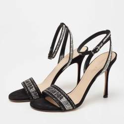 Dior Black/Silver Crystal Embellished Embroidered Canvas Dway Ankle Strap Sandals Size 39.5