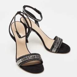Dior Black/Silver Crystal Embellished Embroidered Canvas Dway Ankle Strap Sandals Size 39.5