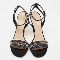 Dior Black/Silver Crystal Embellished Embroidered Canvas Dway Ankle Strap Sandals Size 39.5