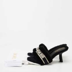 Dior Black Shearling Fur and Embroidered Canvas Dway Slide Sandals Size 40