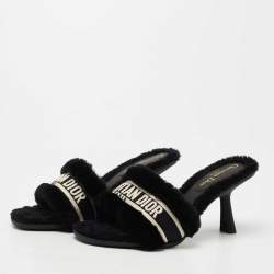 Dior Black Shearling Fur and Embroidered Canvas Dway Slide Sandals Size 40