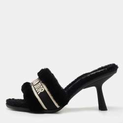 Dior Black Shearling Fur and Embroidered Canvas Dway Slide Sandals Size 40
