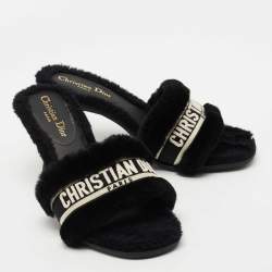 Dior Black Shearling Fur and Embroidered Canvas Dway Slide Sandals Size 40
