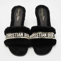 Dior Black Shearling Fur and Embroidered Canvas Dway Slide Sandals Size 40