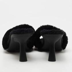 Dior Black Shearling Fur and Embroidered Canvas Dway Slide Sandals Size 40