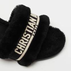 Dior Black Shearling Fur and Embroidered Canvas Dway Slide Sandals Size 40