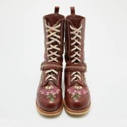 Dior Brown Leather Floral and Butterfly Embroidered Combat Boots Size 39