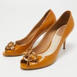 Dior Brown Leather Bow Peep Toe Pumps Size 38.5