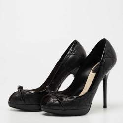 Pre Owned Dior Black Cannage Leather Bow Peep Toe Platform Pumps Size 38