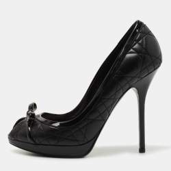 Pre Owned Dior Black Cannage Leather Bow Peep Toe Platform Pumps Size 38