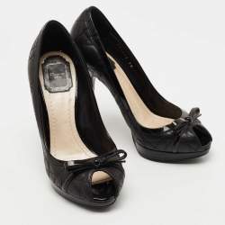 Pre Owned Dior Black Cannage Leather Bow Peep Toe Platform Pumps Size 38