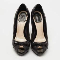 Pre Owned Dior Black Cannage Leather Bow Peep Toe Platform Pumps Size 38