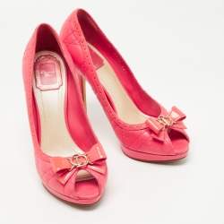 Pre Owned Dior Pink Cannage Leather Peep Toe Bow Pumps Size 38.5
