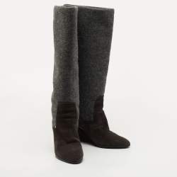 Pre Owned Dior Grey Suede and Wool Wedge Knee Length Boots Size 40.5