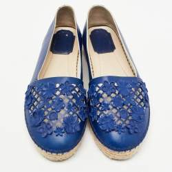 Dior Blue Laser Cut Leather Flower Applique Espadrille Flats Size 35.5