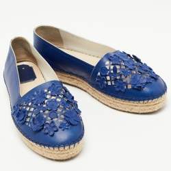 Dior Blue Laser Cut Leather Flower Applique Espadrille Flats Size 35.5
