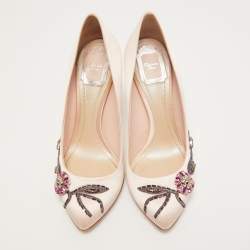 Pre Owned Dior Light Pink Satin Crystal Embellished Flower Pumps Size 39