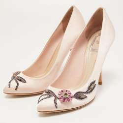Pre Owned Dior Light Pink Satin Crystal Embellished Flower Pumps Size 39
