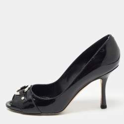Dior Black Patent Leather CD Logo Peep Toe Pumps Size 37.5