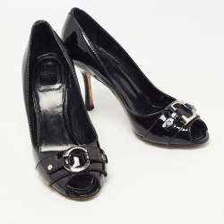 Dior Black Patent Leather CD Logo Peep Toe Pumps Size 37.5