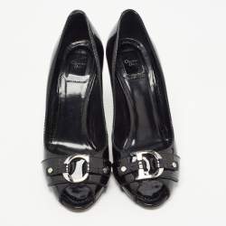 Dior Black Patent Leather CD Logo Peep Toe Pumps Size 37.5