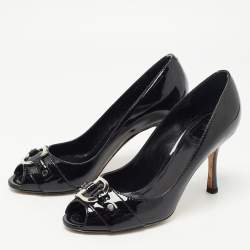 Dior Black Patent Leather CD Logo Peep Toe Pumps Size 37.5